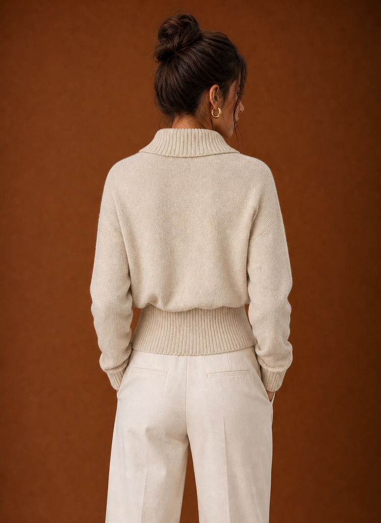 Beige ribbed sweater, back view