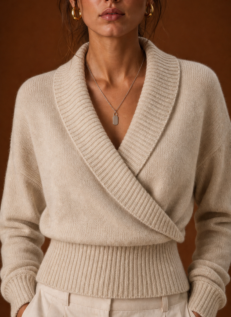 Beige ribbed knit and shawl collar detail