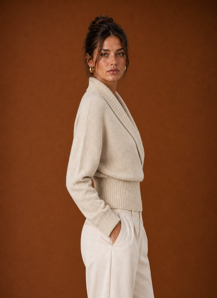 Beige wrap sweater, side view