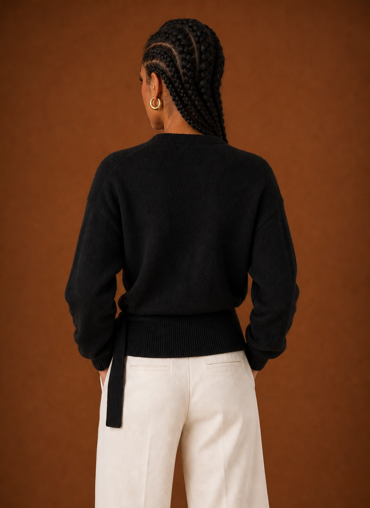 Black wrap sweater, back view
