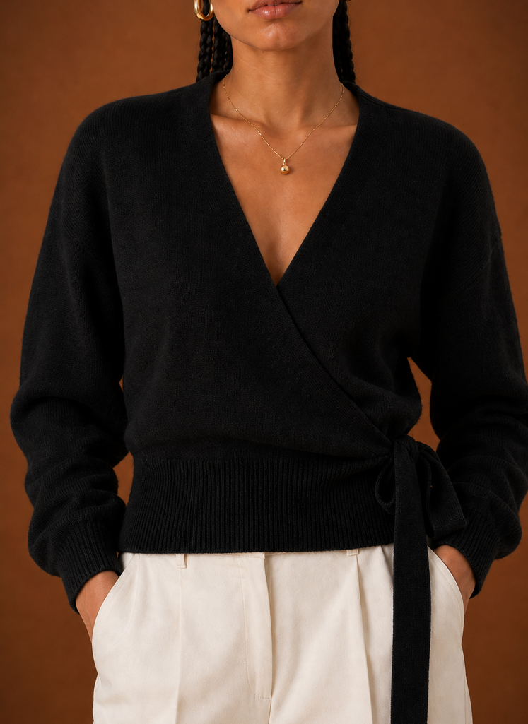 Black wrap sweater, tie waist and V-neck detail