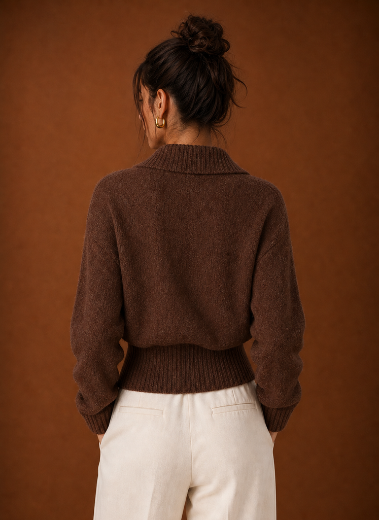 Brown ribbed sweater, back view