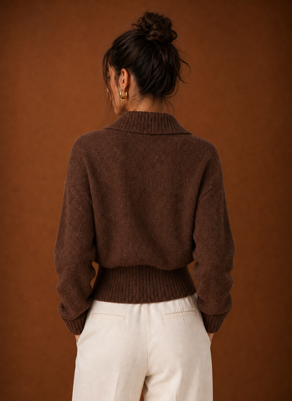 Brown ribbed sweater, back view