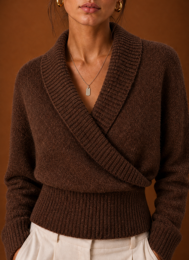 Brown ribbed knit and shawl collar detail