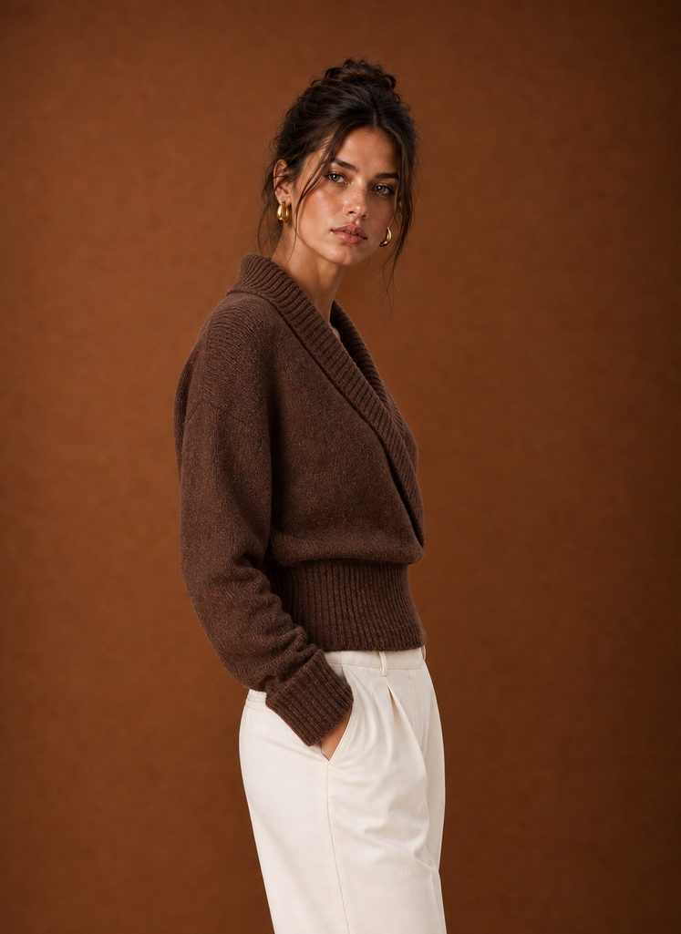 Brown wrap sweater, side view