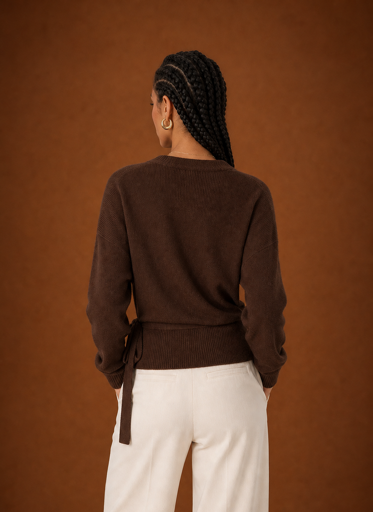 Chocolate brown wrap sweater, back view
