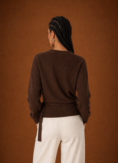 Chocolate brown wrap sweater, back view