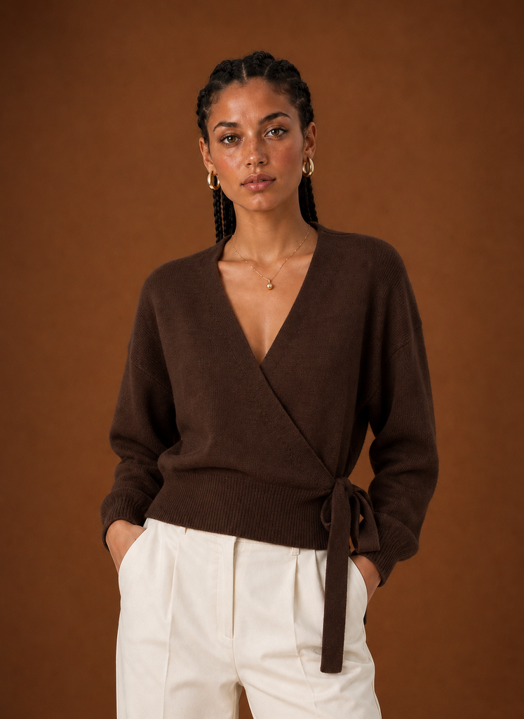 Chocolate brown cropped wrap sweater, front view