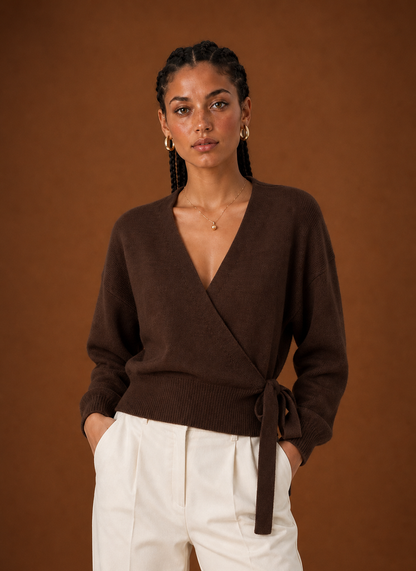 Chocolate brown cropped wrap sweater, front view