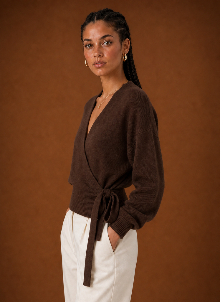 Chocolate brown wrap sweater, side view