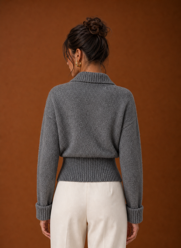 Grey ribbed sweater, back view