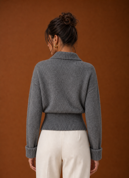 Grey ribbed sweater, back view
