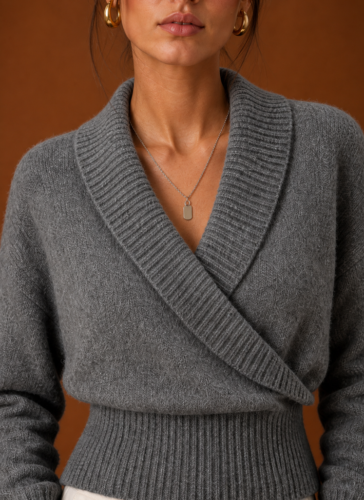 Grey ribbed knit and shawl collar detail