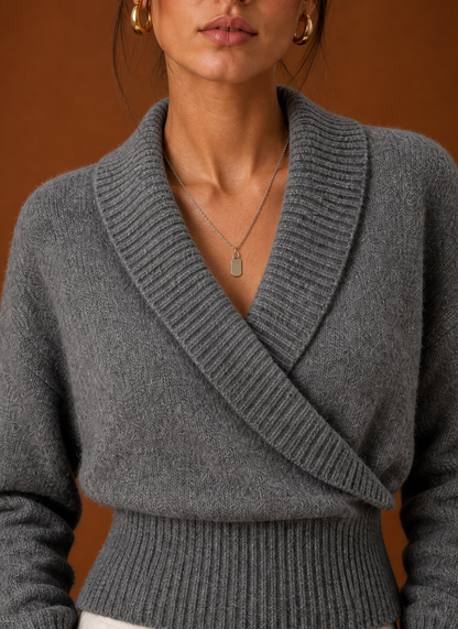 Grey ribbed knit and shawl collar detail
