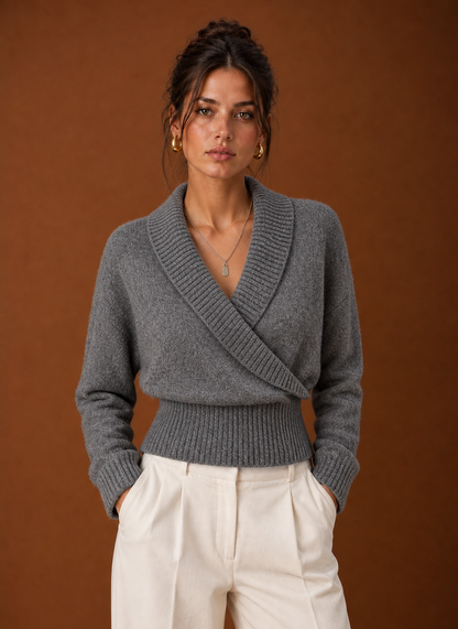 Grey shawl collar wrap sweater, front view