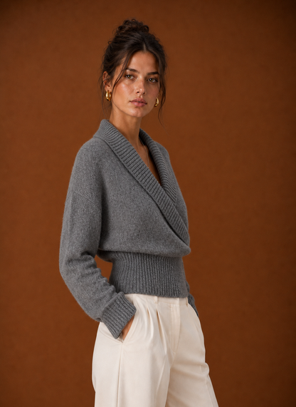 Grey wrap sweater, side view