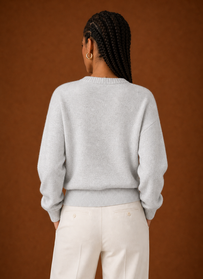 Light grey wrap sweater, back view