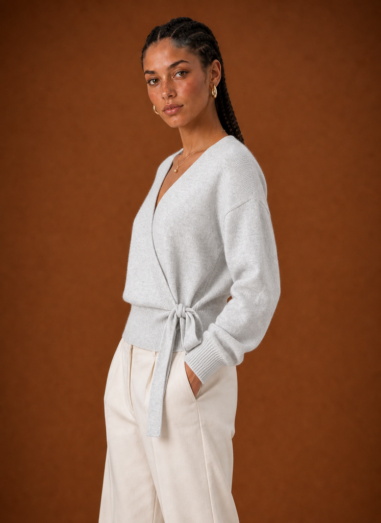 Light grey wrap sweater, side view