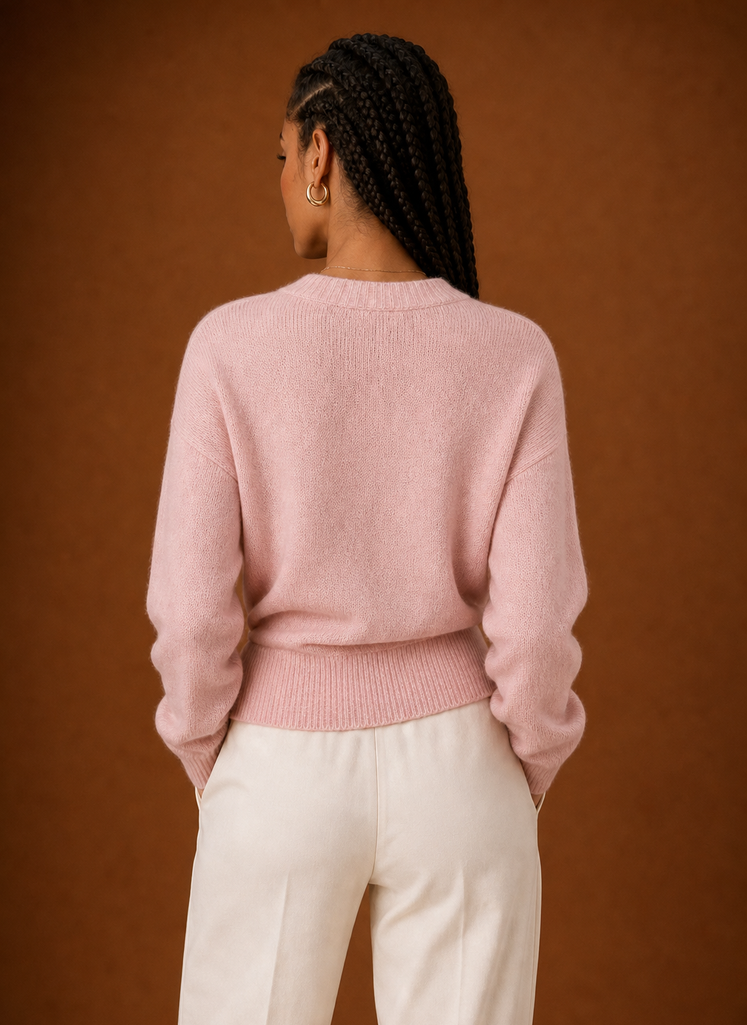 Light pink wrap sweater, back view