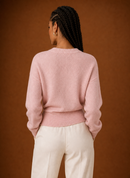 Light pink wrap sweater, back view