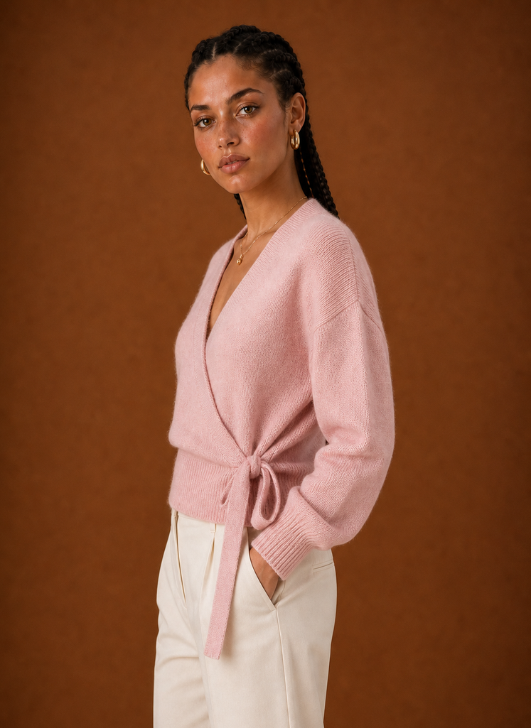 Light pink wrap sweater, side view