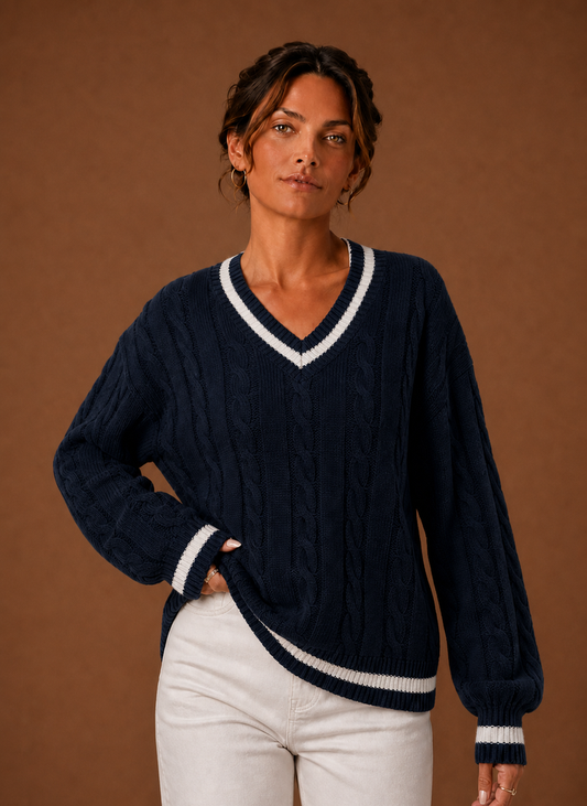 Navy women's cable knit V-neck sweater, front view